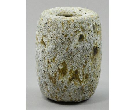 LUCIE RIE (1902-1995); a large potato pot with interned rim, incised diagonal lines below a thick variegated glaze, impressed