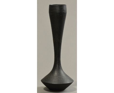 HANS COPER (1920-1981); a stoneware hourglass vase, burnished black slip, incised spiralling lines to rim and lower body, imp