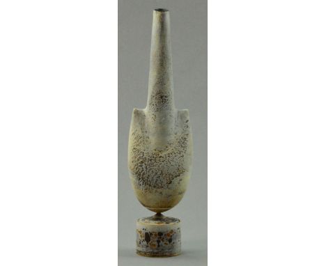 HANS COPER (1920-1981); a stoneware cycladic form on blistered drum base, white slip over textured manganese ground, impresse