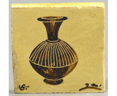 BERNARD LEACH (1887-1979) for Leach Pottery; a stoneware tile, painted and incised with a pot motif, painted early BL and St 