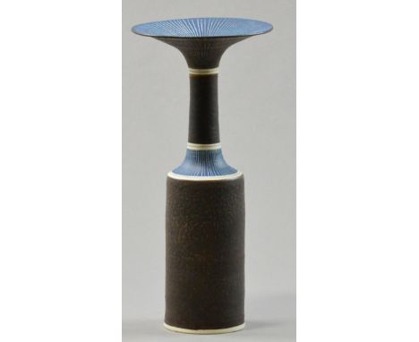 LUCIE RIE (1902-1995); a porcelain vase, straight sided with slender neck and flared rim, bronze glaze with sgraffito lines t