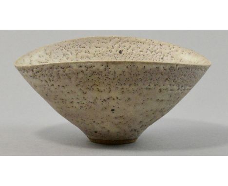 LUCIE RIE (1902-1995); an elliptical stoneware bowl, lightly pitted cream/grey glaze, impressed LR mark, made 1970s, diameter