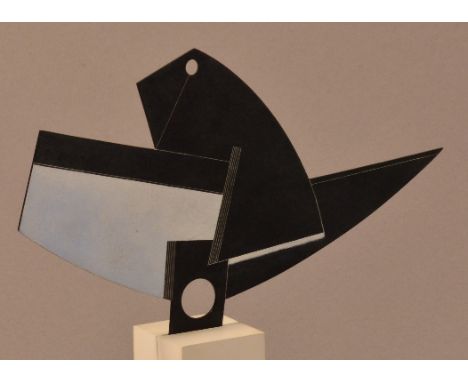 CATHY HARRIS; ring on a stand, perspex with incised decoration, length 23cm, ring size Q. 

Provenance: Purchased from The Cr