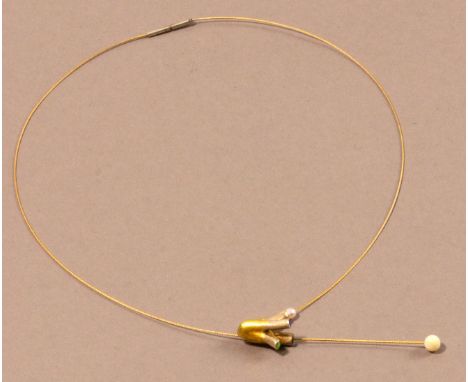TANJA UFER (born 1973); a hallmarked adjustable neckpiece, silver and gold with green and blue enamel detail, drop length 23c