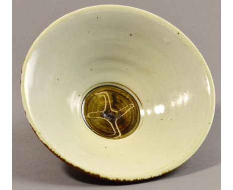 BERNARD LEACH (1887-1979) for Leach Pottery; a porcelain flared dish with brush decoration and flying bird motif to the well,