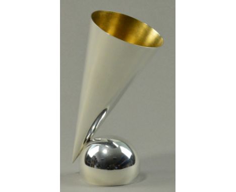 CHRIS KNIGHT (born 1964); a hallmarked double ended silver drinking vessel in the form of a cone on a three quarter sphere, S