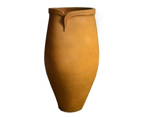 MONICA YOUNG (1929-2004); a gigantic coil built stoneware garden pot, modelled ornate rim, toasted brown finish, drainage hol