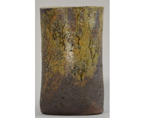 JANET LEACH (1918-1997) for Leach Pottery; a large stoneware 'Bizen' style oval vase, running green ash glaze on a dark body,