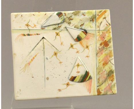 PAT BORTHWICK: a porcelain tile, painted decoration, mounted on perspex, gallery label verso, tile dimensions 12 x 10cm.

Pro