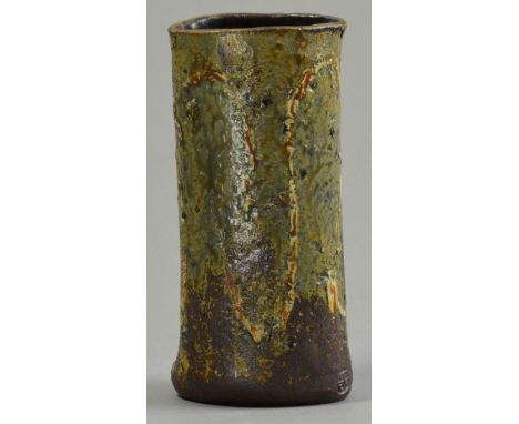 JANET LEACH (1918-1997) for Leach Pottery; a stoneware 'Bizen' style oval vase, running green ash glaze on a dark body, impre