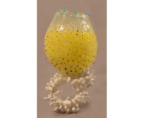SEULGI KWON (born 1983); a 'Hidden Instinct' ring, silicone and plastic thread, yellow with turquoise highlights, height 9cm,