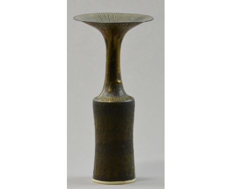 LUCIE RIE (1902-1995); a porcelain vase, straight sided with slender neck and flared rim, bronze glaze with sgraffito lines, 