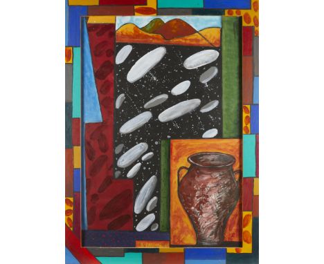 Italo Scanga (Italian/American,1932-2001). Acrylic on paper painting depicting an abstracted scene of a vase and a landscape 