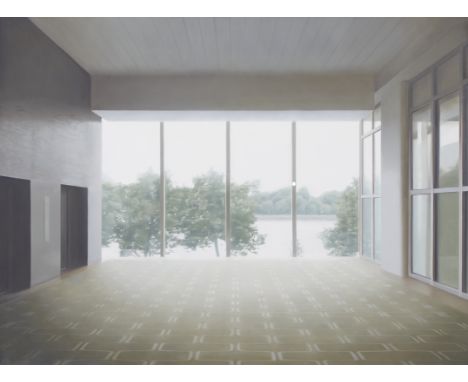 Paul Winstanley (British, b. 1954). Oil on canvas painting titled "Flux" depicting an interior room or lobby leading to floor