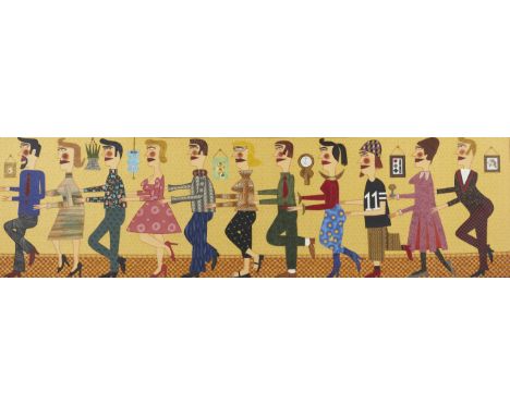 Chris Roberts-Antieau (American, b. 1950). Embroidered textile art composition titled "Conga Line" depicting a line of figure