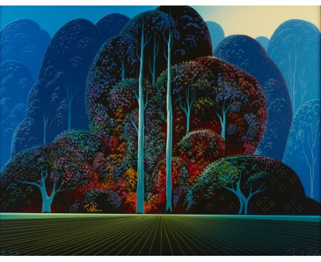 Eyvind Earle (American, 1916-2000). Serigraph on paper titled "Softening Shades of Twilight" depicting a forest, 1993. Signed