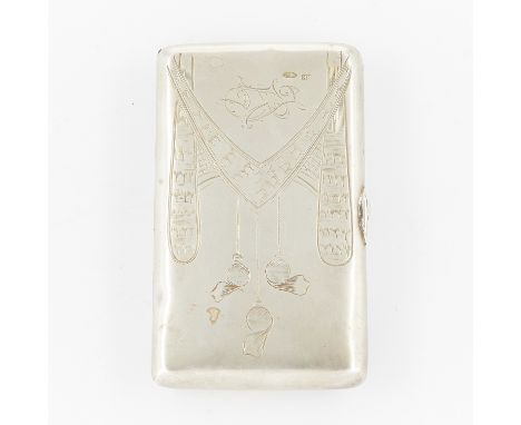 Russian .875 silver cigarette case with an etched design along the front. Monogrammed PJ along the front. Stamped along the f