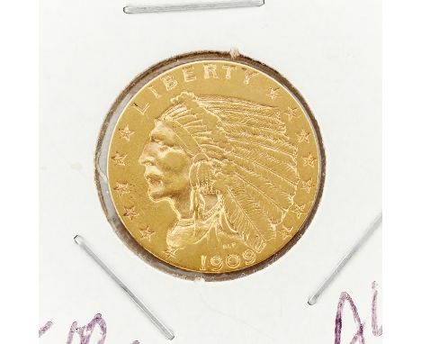 1909 $2.5 "Indian Head" gold coin. Depicting the bust of a Native American with a feathered headdress, this coin is often ref