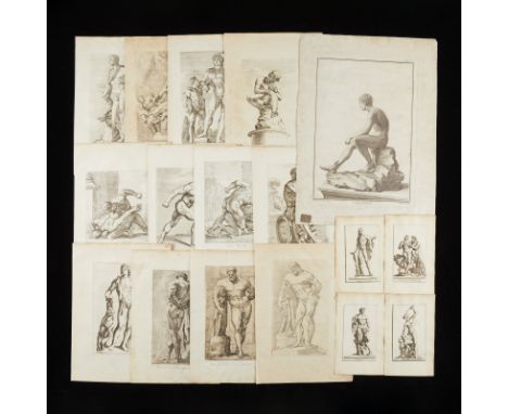 Group of 17 etchings depicting marble statues, some from differing angles. By Francois Perrier (French, 1594-1649), Johann Do