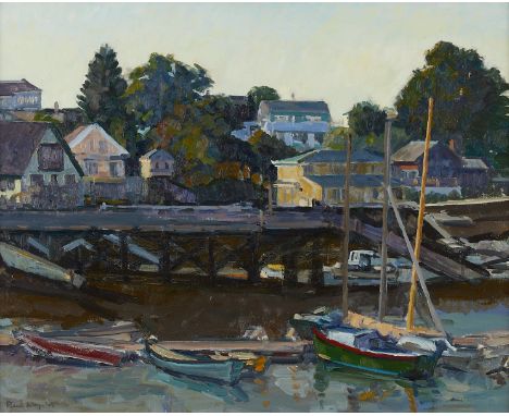 Reed Kay (American, b. 1925). Oil on canvas painting titled "Rocky Neck, Twilight" depicting a waterfront with boats and hous