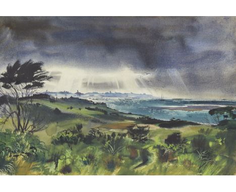 Charles Robert Perrin (American, 1915-1999). Watercolor on paper painting titled "Storm Bright Nantucket" depicting storm clo