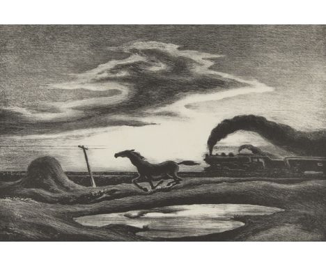 Thomas Hart Benton (American, 1889-1975). Lithograph on paper titled "The Race" depicting a horse galloping in a race against