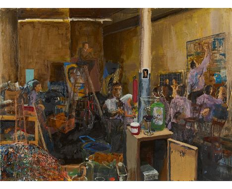 Gideon Bok (American, b. 1966). Oil on linen painting titled "Gretchen" depicting a crowded interior room, 2004. With an Alph