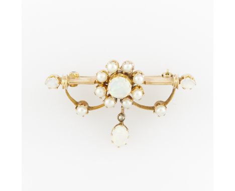 Floral form opal bar pin, main floral motif comprised of a circular central opal surrounded by eight seed pearls, a further t