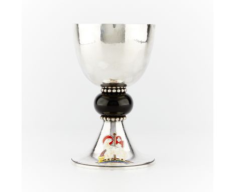 Adrian Hamers Co., New York, United States. Hammered sterling silver communion cup or chalice with a gold wash interior and b