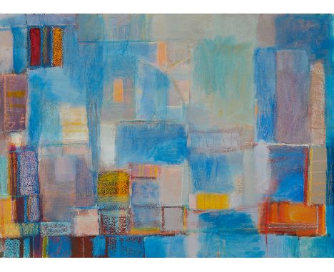 Patrick Bradley (American, 20th/21st c.). Acrylic on paper painting titled "Avian Architecture" depicting a geometric scene w