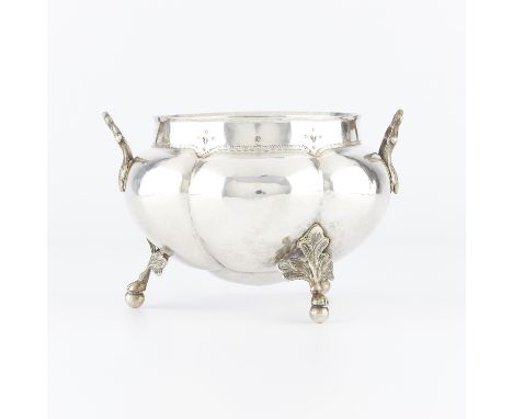 18th to 19th century antique Spanish colonial silver tripod lobed bowl. Containing 800 silver or less. With two applied handl