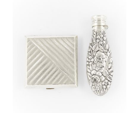 Group of two silver items. One Gorham sterling silver small flask with profuse floral repousse decoration. Marked sterling wi