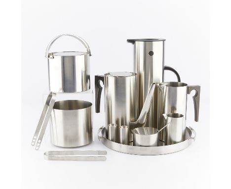 Arne Jacobsen (Danish, 1902-1971) for Stelton, Denmark. 14-piece stainless steel coffee and tea set. Including salt and peppe