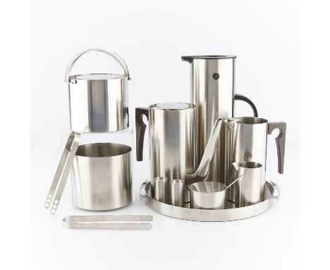 Arne Jacobsen (Danish, 1902-1971) for Stelton, Denmark. 14-piece stainless steel coffee and tea set. Including salt and peppe