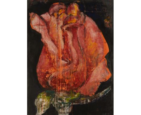 Aaron Fink (American, b. 1955). Ink, watercolor, and oil on paper painting titled "Orange Rose" depicting a flower, 2000. Sig