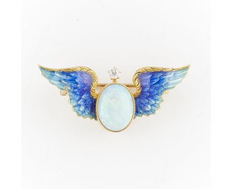 Riker Bros. Newark 14k yellow gold Art Nouveau brooch with hidden bale. Set with a central opal in a gold bezel with milgrain