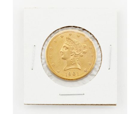 1901 ten dollar Liberty Head gold coin. Designed by Christian Gobrecht.Diameter: 26.95 mm. Weight: 16.70 grams.br/&gt;Conditi