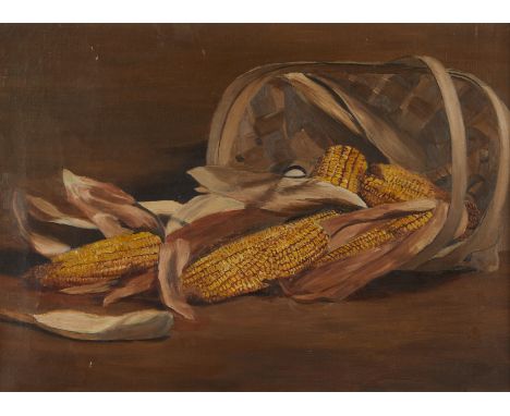 After Alfred Montgomery (American, 1857-1922). Oil on canvas painting depicting a basket with ears of corn spilling out.This 