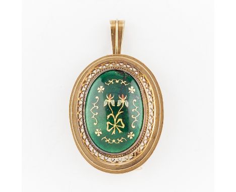 14k yellow gold enameled brooch with a green oval panel (chipped and cracked) featuring gold, blue and red enamel designs of 