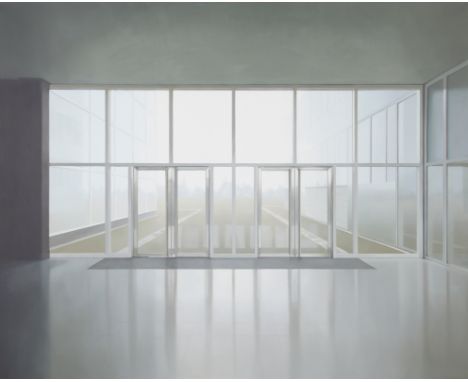 Paul Winstanley (British, b. 1954). Oil on canvas painting titled "Utopia 1" depicting a realistic interior room with floor-l