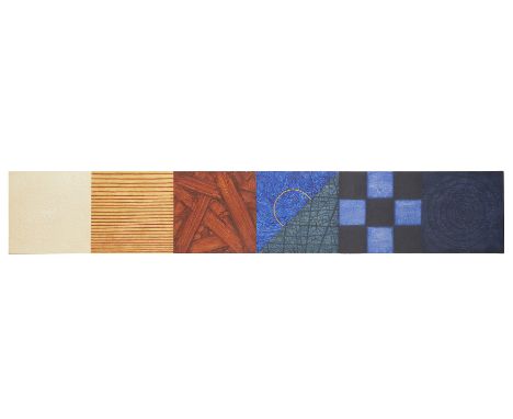 David Shapiro (American, 1944-2014). Very wide acrylic on canvas painting titled "Savasan 23" depicting six squares, each pai