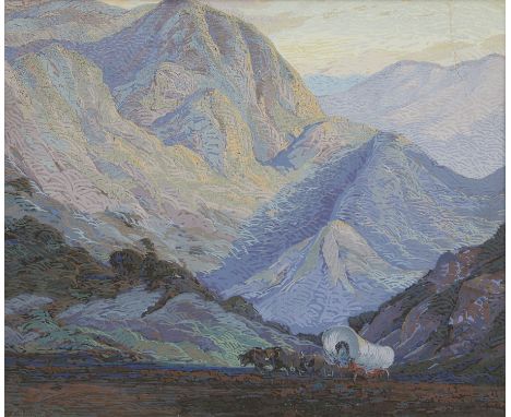 Fred Grayson Sayre (American, 1879-1938). Serigraph depicting a covered wagon pulled by a team of oxen through a mountainous 