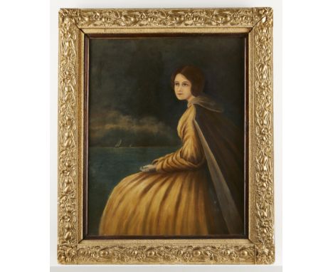 American New England oil on canvas folk painting depicting a ship captain's wife. Portrayed seated in front of a sea with sto