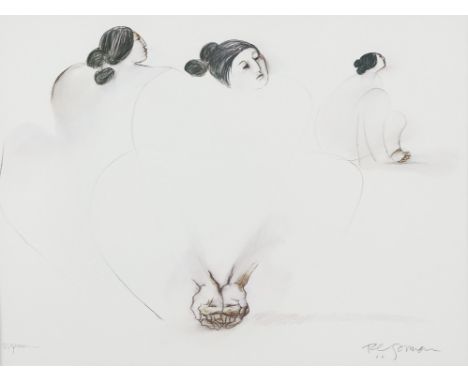 Rudolph Carl "R.C." Gorman (Navajo, 1931-2005). Lithograph on paper depicting three simplified forms of women, one with her h
