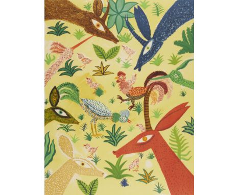 Henri Hecht Maik (French, 1922-1993). Color lithograph on paper titled "Les Gazelles" depicting colorful animals on a yellow 