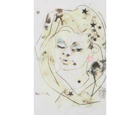 Karl Priebe (American, 1914-1976). Painting on print on paper depicting a woman decorated with stars throughout her portrait.