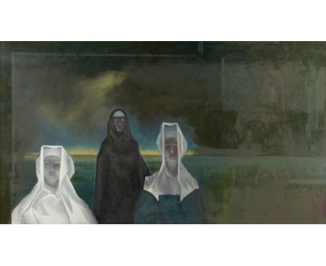 Xavier Gonzalez (American, 1898-1993). Oil on canvas painting titled "Vigil" depicting three ghostly nun-like mystical figure