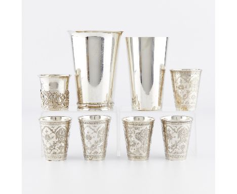 Group of eight sterling and silver beakers and cups. One Stieff sterling silver beaker, stamped sterling and with maker's mar