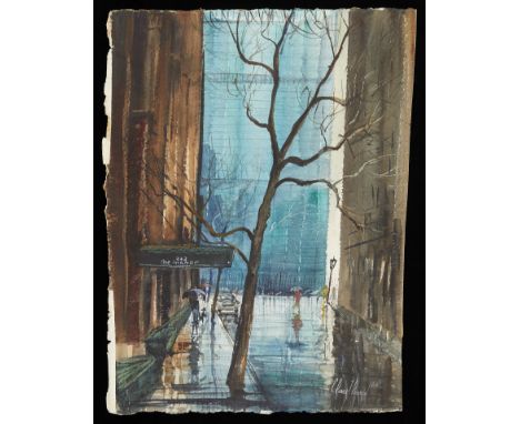 Charles Robert Perrin (American, 1915-1999). Watercolor on paper painting titled "Reflections of the U.N." depicting a lone t