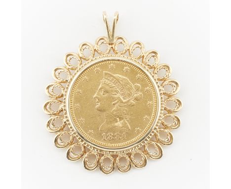 1881 ten dollar Liberty Head gold coin set as a pendant within a 14k yellow gold setting. Designed by Christian Gobrecht. The